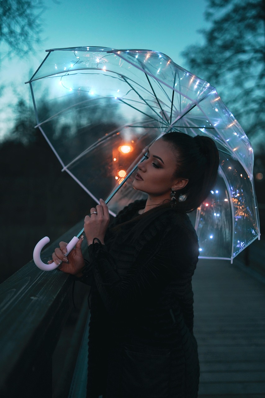 services-04 umbrella, led, lighting, at night, eve, woman, light, nostalgia, portrait, beauty, fashion